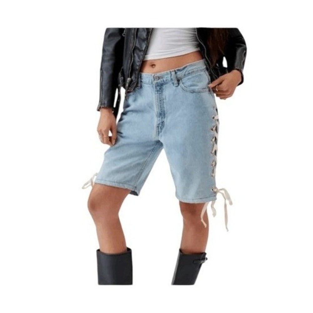 Urban Renewal Remade Levi's Lace Up Denim Jort Jean Shorts Blue Medium Wash 30